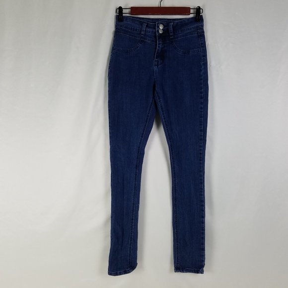 Rue 21 Jeans Juniors Size 1 Mid Rise Double Button Jegging Dark Wash Blue Denim - Picture 1 of 15